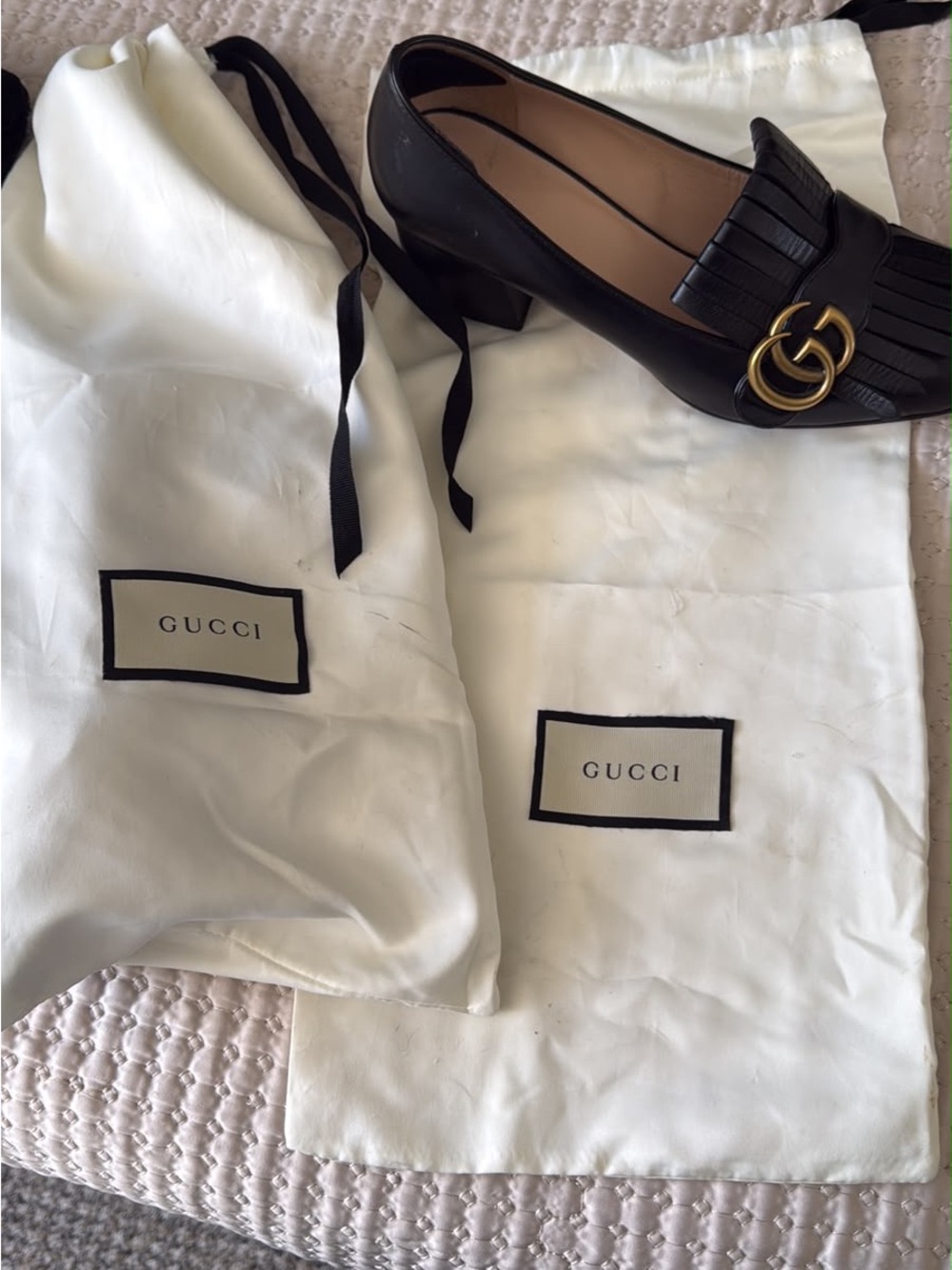 Gucci Black Leather Heeled Loafers with Gold Double G